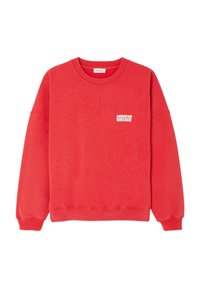 Sarkans treniņtērps, kas izgatavots no mīksta auduma, ar apaļu kaklu, garām piedurknēm un baltu "AMERICAN VINTAGE" logo uz krūtīm.