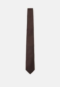 Brown tie with a textured pattern, sleek design, and pointed tip. Made of fabric, featuring a smooth finish and subtle sheen.