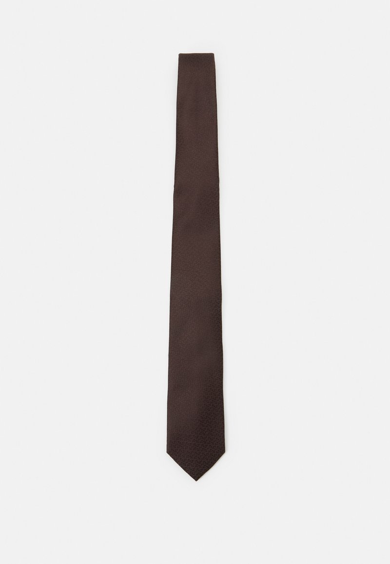 Brown tie with a textured pattern, sleek design, and pointed tip. Made of fabric, featuring a smooth finish and subtle sheen.