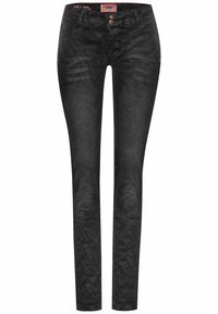 Svart denimjeans med slim fit, med en subtil mönstrad textur, två framknappar och kontrasterande sömmar.