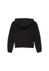 Felpa nera corta realizzata in tessuto morbido. Presenta un cappuccio con coulisse e polsini ed orlo elastici. Texture liscia, design minimale.