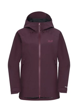 Maroon waterproof jacket with a hood, front zipper, and mesh lining. Features two side pockets and logo on the chest in light pink.