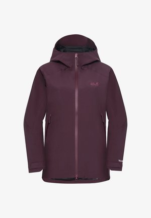 Giacca impermeabile bordeaux con cappuccio, zip frontale e foderatura in rete. Presenta due tasche laterali e un logo sul petto color rosa chiaro.