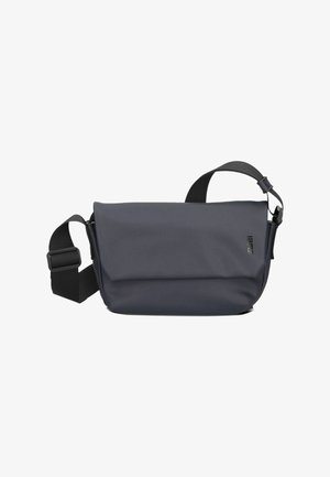 Compact dark gray messenger bag with adjustable black strap and subtle logo on front, designed for casual or professional use.