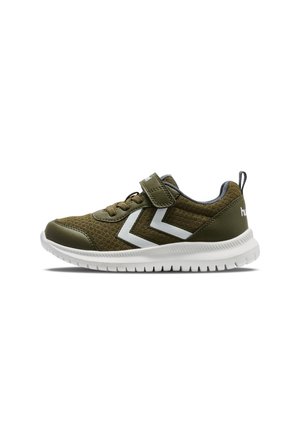 Buty sportowe Olive green z siateczki z białymi paskami chevron, regulowanym paskiem, pętlą do ściągania i elastyczną białą gumową podeszwą.
