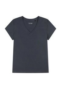 V-neck short-sleeve t-shirt in dark gray, made of soft fabric with a smooth texture. Features a relaxed fit and no graphics or embellishments.