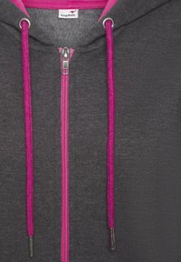 Gray zip-up hoodie with a pink interior, featuring pink drawstrings, silver zipper hardware, and subtle texture on the fabric.