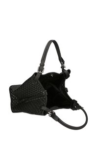 Borsa in pelle intrecciata nera con manici in pelle doppi, apertura superiore e un ampio interno. Superficie testurizzata e dettagli in metallo lucido.