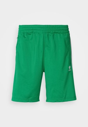 Zelene atletske hlače iz gladkega materiala, opremljene z elastičnim pasom, stranskimi žepi in diskretnim logotipom na spodnjem sprednjem delu.