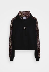 Felpa nera con dettagli in stampa leopardo viola e oro, dotata di cappuccio con cordino, polsini a coste e un piccolo logo adidas dorato.
