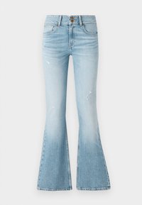 Light blue denim flared jeans with a high waist, featuring subtle distressing, two-button closure, and a classic five-pocket design.