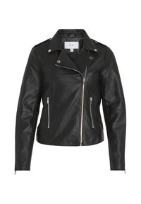 Giacca biker in finta pelle nera con chiusura frontale a zip, due tasche laterali e dettagli in metallo argentato. Colletto a scollo a V e design aderente.