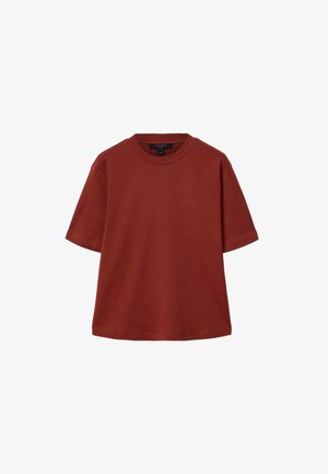 Rust-colored short-sleeve crew neck T-shirt with a straight hem and a small black label inside the collar.