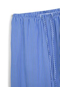 Tessuto a righe blu e bianche con una texture leggera. Presenta una vita elastica con cordoncino per una vestibilità regolabile.