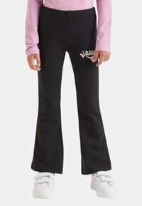 Pantaloni della tuta neri svasati con elastico in vita e logo "Diadora" bianco e rosa sul lato inferiore sinistro; materiale morbido misto cotone.