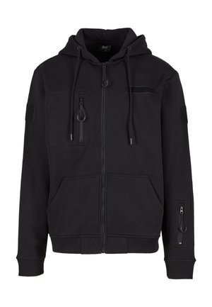 Hanorac negru cu fermoar, dotat cu glugă ajustabilă prin șnur, două buzunare frontale, un buzunar pe braț cu fermoar și accente cu arici. Textură netedă, design casual.