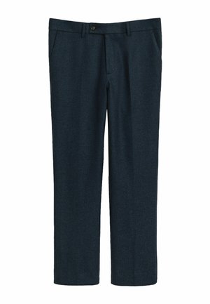 Dunkelblaue Hosen aus strukturiertem Stoff mit geradem Bein, ausgestattet mit frontalen Taschen und einem Knopfverschluss an der Taille.