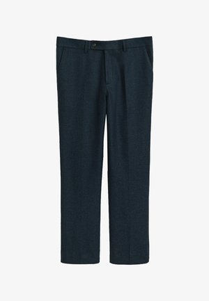 Donkerblauwe broek van gestructureerde stof met een recht model, voorzien van zijzakken en een knoopsluiting aan de taille.