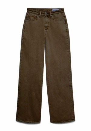 Jean marron taille haute à jambes larges avec poches avant, passants de ceinture et fermeture par bouton sur fond blanc.