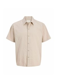 Chemise beige à manches courtes boutonnée avec col et texture subtile à rayures verticales, présentée sur fond blanc.