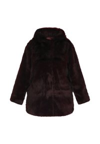 Burgundy faux fur jacket with a hood, featuring a relaxed fit, long sleeves, and a soft, textured surface. No visible hardware.