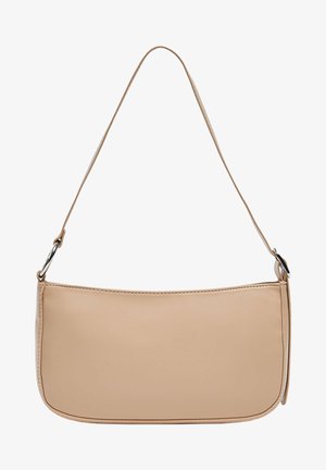 Sac à bandoulière en cuir beige avec une sangle fine et une forme rectangulaire, doté de parties métalliques argentées aux attaches de la sangle.