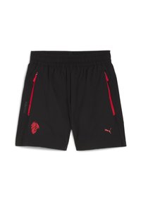 Pantaloni corti sportivi neri con vita elastica, tasche con zip rosse, logo rosso e tessuto testurizzato per traspirabilità e comfort.