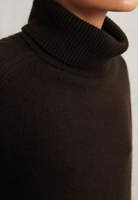 Suéter de cuello alto marrón oscuro hecho de un material de punto suave, con un cuello acanalado y una textura suave, además de detalles de costura sutiles.