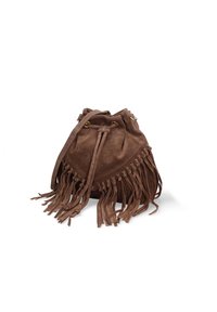Borsa a secchiello in suede marrone con dettagli in frange, chiusura con lacci e due manici superiori per versatilità nel trasporto o nello styling.