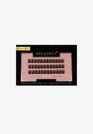 Pre-cut volume C-curl faux mink lash clusters in three rows on pink and black packaging labeled AyLashes Office Chick, lasting 5-7 days.