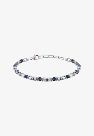 Bracciale in metallo con perline esagonali e sferiche navy alternate, con finitura argentata e chiusura a molla.