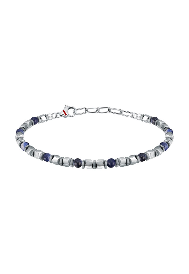 Bracciale in metallo con perline esagonali e sferiche navy alternate, con finitura argentata e chiusura a molla.