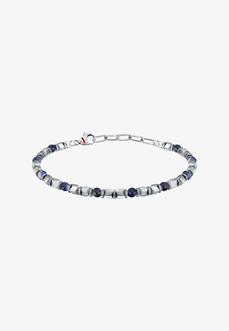 Bracciale in metallo con perline esagonali e sferiche navy alternate, con finitura argentata e chiusura a molla.