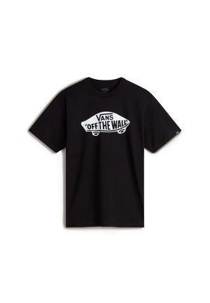 Zwarte katoenen t-shirt met een grote witte "VANS 'OFF THE WALL'" logo over de borst. Klassiek ontwerp met ronde hals en korte mouwen.