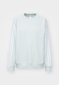 Light green sweatshirt made of cotton blend, featuring white stripes on sleeves and a small white logo on the chest. Round neckline and cuffs.
