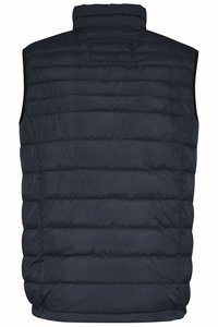 Marineblauer Steppweste mit hohem Kragen, gesteppter Textur und ohne Ärmel. Verfügt über eine glatte Oberfläche und eine Rückentasche für zusätzlichen Komfort.