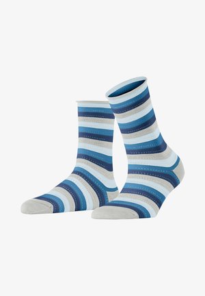 Gestreifte Socken in Blau-, Grau- und Weißtönen. Verfügt über einen strukturierten Stoff und ein verstärktes Zehen-Design für Langlebigkeit.