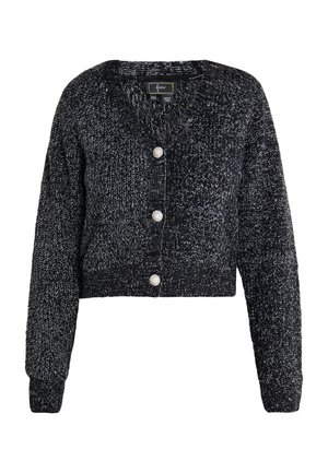 Lyhennetty musta ja harmaa neuletakki V-kauluksella, jossa on pitkät hihat ja viisi helmimäistä nappia edessä. Teksturoitu neulekangas.