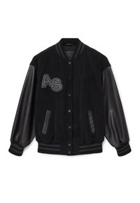 Giacca varsity nera con corpo in lana e maniche in pelle, polsini e colletto a coste. Logo "AS" ricamato sul davanti.