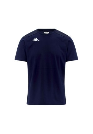 Maglietta sportiva blu navy in morbido tessuto, con scollo rotondo e maniche corte. Logo bianco sul lato sinistro del petto.