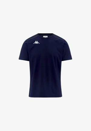 T-shirt de sport bleu marine en tissu doux, avec un col rond et des manches courtes. Logo blanc sur le côté gauche de la poitrine.