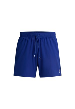 Costumi da bagno blu con vita elastica, cordoncino regolabile, tasche laterali e un piccolo logo "BOSS" sul lato destro in basso.