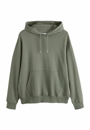 Olijfgroene pullover hoodie met voorzak, verstelbare capuchon met trekkoord, lange mouwen en geribbelde boorden en zoom.