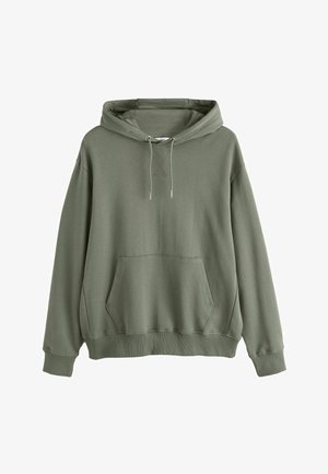 Hanorac verde măsliniu cu buzunar tip cangur frontal, glugă reglabilă cu șnur, mâneci lungi și manșete și tiv rib.