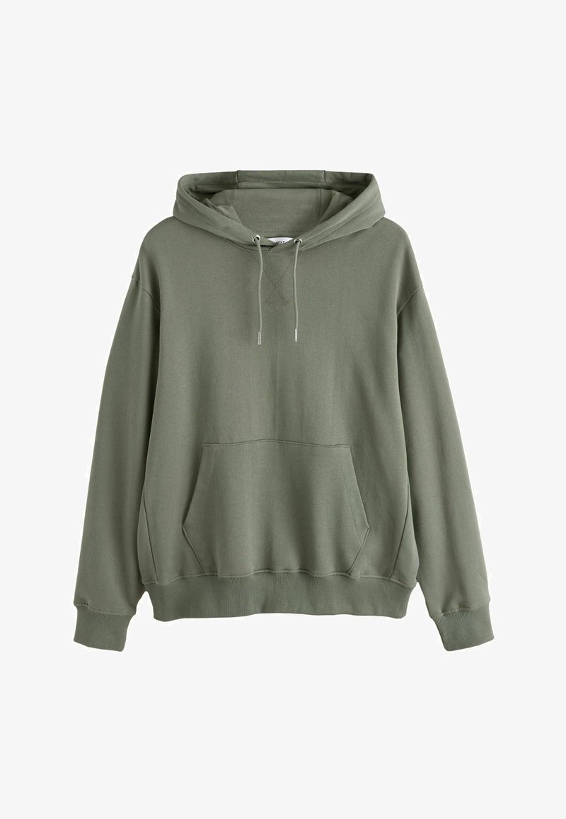 Olíva zöld pulóver kapucnis pulóver első kenguruzsebbel, állítható húzózsinóros kapucnival, hosszú ujjakkal és bordázott mandzsettával valamint szegéllyel.