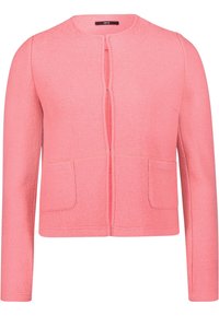 Veste rose pour femme en mélange de laine, à ouverture frontale, manches longues et deux poches plaquées devant.