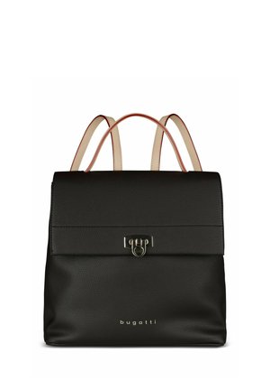Black leather backpack with top flap, silver clasp, beige straps, and "bugatti" logo on front lower part.