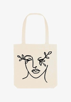 Canvas tote bag in off-white met een minimalistische zwarte lijntekening van een gezicht en bladeren. Beschikt over twee stevige handvatten voor gemakkelijk dragen.