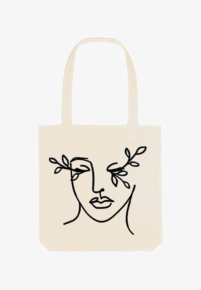 Canvas tote bag in off-white met een minimalistische zwarte lijntekening van een gezicht en bladeren. Beschikt over twee stevige handvatten voor gemakkelijk dragen.