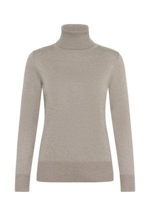 Beige Rollkragenpullover aus weichem Strickmaterial, mit langen Ärmeln und rippenbesetzten Bündchen und Saum. Glatte Textur mit tailliertem Design.